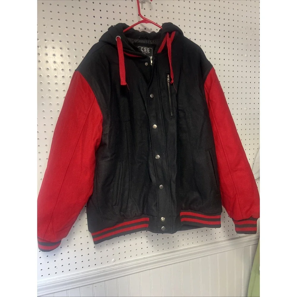 CSG Champs Sports Gear Men Size 2XL, Lettermans Jacket Look Black /Red Hooded